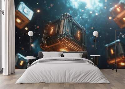 Futuristic floating cubes in cosmic space environment Wall mural