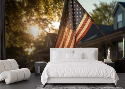 In front of a house, the American flag waves proudly Wall mural