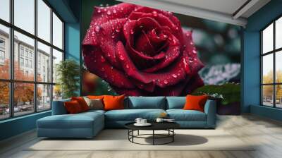 Red rose into the rain. Generative Ai Wall mural