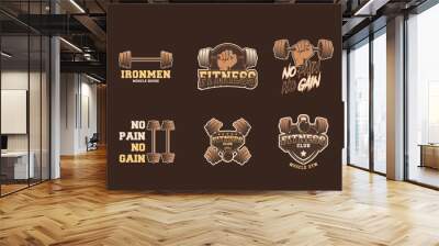 Set of gym logos, labels and slogans in vintage style Wall mural