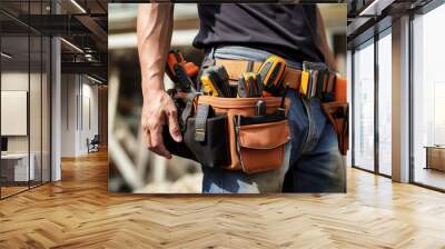 skilled construction worker wearing a tool belt against the backdrop of a house Wall mural