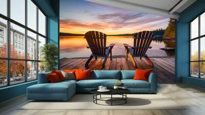 Two wooden chairs on a wood pier overlooking a lake at sunset in Finland. Generative Ai Wall mural