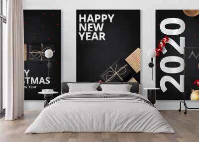 vector illustration of happy new year 2020 gold and black collors place for text christmas balls  Wall mural