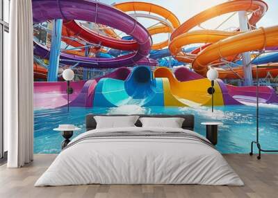 Vibrant Waterpark Slides on a Sunny Day highlighting fun and adventure with colorful tubes and clear blue water Wall mural