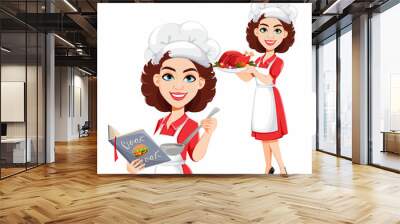 Chef woman, set of two poses. Cook lady Wall mural