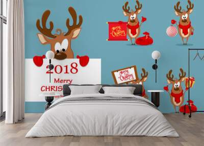 merry christmas greeting card with funny reindeer. set of vector illustrations Wall mural