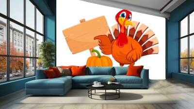 Thanksgiving turkey pointing on wooden blank sign Wall mural