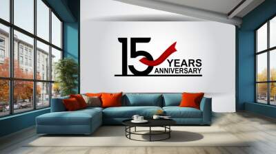 15 years anniversary vector design with red ribbon isolated on white background for celebration moment, greeting card and special event Wall mural