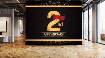 2 years anniversary logotype with premium gold color and red ribbon with glitter background isolated on black background. can be use for celebration and party Wall mural