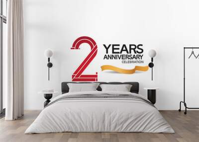 2 years anniversary template with red color number and golden ribbon. vector can be use for greeting card, invitation and celebration event Wall mural