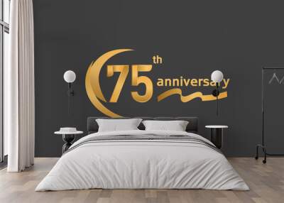 75 years anniversary logotype with double swoosh, ribbon golden color isolated on black background Wall mural