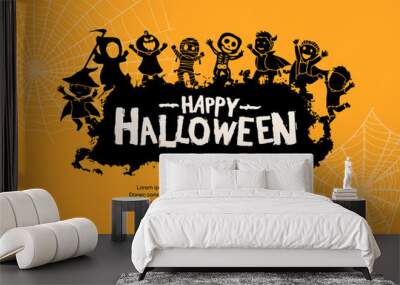 Halloween vector design with monsters silhouette on orange background for poster, invitation, banner and celebration event Wall mural