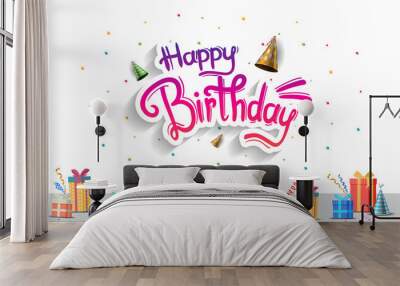 happy birthday typography white color with element gift box, hat and confetti isolated on white background for poster and party invitation Wall mural