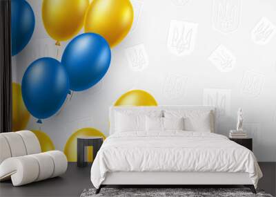 Background for national holidays of Ukraine with air balloons in traditional ukrainian yellow and blue colors and trident emblem pattern. Place for text. Vector illustration. Wall mural