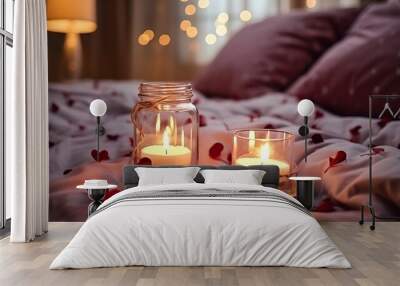 Candles with rose petals on the bed. Romantic evening atmosphere with soft focus. Wall mural