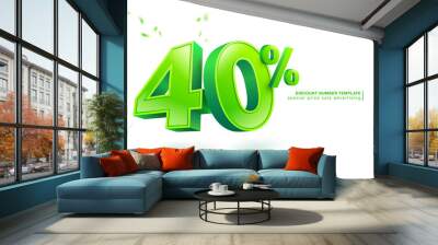 40 percent discount. Green lettering template on 40% numbers in three dimensional style. Use for promotional ads in special sale isolated on white background. illustration vector file. Wall mural