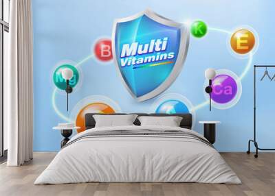 Multivitamin inspiration Protect the body and stay healthy, vitamins shield icon concept. Wall mural