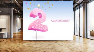 Pastel colored candle number 2. 2nd birthday celebration symbol. Featured on a background of sprinkling ribbons. Use for birthdays, weddings, company anniversaries. Vector illustration file. Wall mural