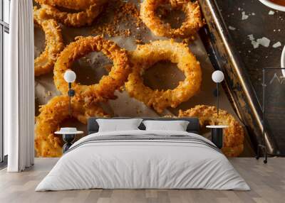 Authentic crispy onion rings with smoked paprika and tangy barbecue sauce served on a colorful plate Wall mural