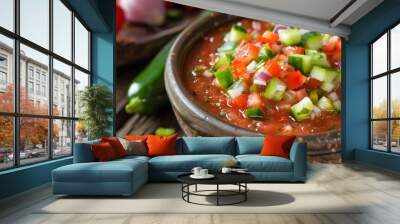 Close-up of gazpacho soup with vibrant red color, chunky texture, and fresh garnishes served on a rustic table Wall mural