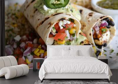 Grilled fish burrito with black beans, corn, and creamy avocado sauce served on a colorful plate Wall mural