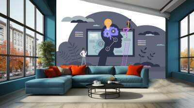 Ad tech or advertising technology with AI content creator tiny person concept, transparent background. Automated commerce strategy using artificial intelligence tools. Wall mural