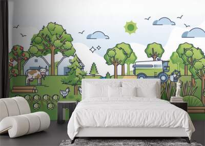 Agroforestry as land use practice for ecological farming outline concept, transparent background. Environmental animal husbandry with sustainable biodiversity and various plants growing illustration. Wall mural