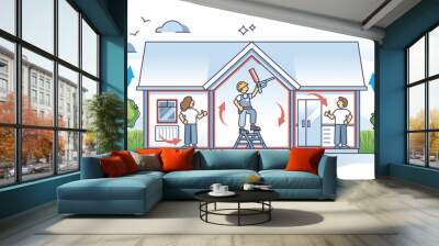 Air sealing and home insulation with foam to save energy outline concept. Waste and ineffective warmth saving job with professional building hot air leakage vector illustration. Effective heating. Wall mural