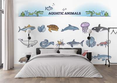 Aquatic animals collection with sea and ocean wildlife outline items set. Nature underwater fauna with dolphins, whales, fishes, octopus, jellyfish and seals vector illustration. Zoology marine life. Wall mural