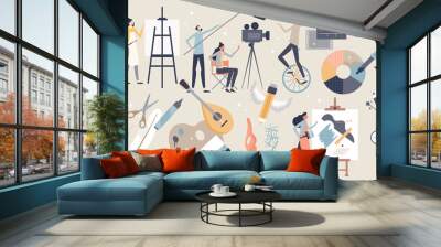 Arts set as professional creative entertainment theme items tiny person concept. Isolated elements with painting, cinematography, photography, music and literature fields symbols vector illustration. Wall mural