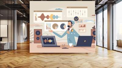 Audio recording software as sound control application tiny person concept. Music record app with mixing or equalizer function vector illustration. Professional musician workplace with modern equipment Wall mural