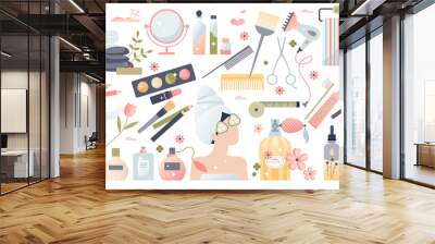 Beauty set with female cosmetics, spa and skincare items tiny peron concept Wall mural