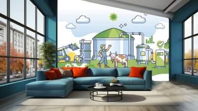 Biogas plant with renewable green bio gas fuel production outline concept. Agricultural alternative power generation from livestock methane vapors vector illustration. Biomass supply from grains. Wall mural