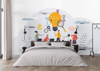 Brainstorming office team with new idea generating process tiny person concept, transparent background. Creative and innovative marketing discussion and conversation illustration. Wall mural