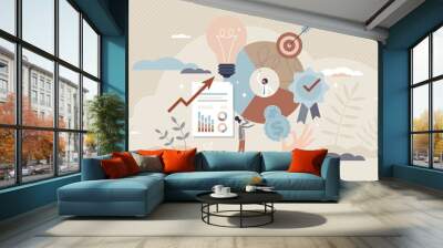 Brand equity and company recognition financial value tiny person concept. Commercial and marketing communication result as loyal customer engagement vector illustration. Business presentation analysis Wall mural