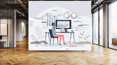 Business analyst and finance management or chart review tiny person concept. Company revenue, profit or budget planning vector illustration. Accountant report and statistic money monitor or research. Wall mural