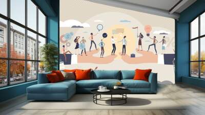 Business cooperation as new agreement or deal development tiny person concept. Partnership and collaboration for B2B project vector illustration. Businessman handshake as company colleague interaction Wall mural