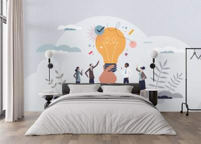 Business ideas with creative and innovative company plans tiny person concept. Successful solution with cooperative advice vector illustration. Opportunity for new startup project with invention team. Wall mural