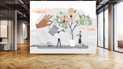 Business plan strategy with profit growth and development tiny person concept, transparent background. Earnings management after financial money investment illustration. Wall mural