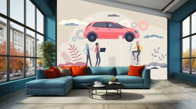 Car mechanic occupation with vehicle repair job skills tiny person concept. Professional automobile service to fix engine, tires or hood problems vector illustration. Auto maintenance and diagnostics. Wall mural