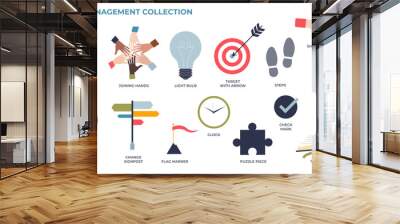 Change management and business strategy planning in tiny collection set, transparent background. Labeled elements with development and growth process organization illustration. Wall mural