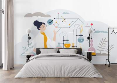 Chemical engineer profession with chemistry field work tiny person concept, transparent background. Laboratory with female scientist experiment job to research new drugs, pills. Wall mural