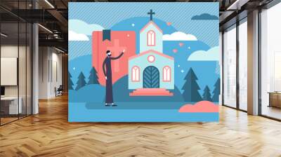 Christianity vector illustration. Tiny holy church priest persons concept. Wall mural