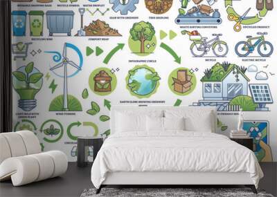 Circular economy model with sustainable resources consumption outline collection set, transparent background. Labeled elements with recycling. Wall mural