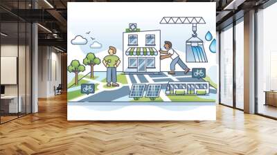 City planning and sustainable new housing district plan outline concept. Modern urban neighborhood model with green infrastructure for transportation and sustainable power usage vector illustration. Wall mural