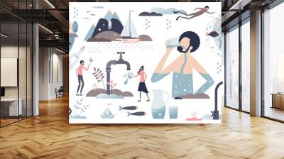 Clean water elements with pure drinking droplets tiny person collection set. Purified rain liquid for healthy drinking vector illustration. Marine life and faucet with fresh and clear mineral water. Wall mural