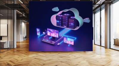 Cloud computing and database upload center hosting 3D illustration concept. Technology for information file sharing and download. Network connection to hardware rack of servers. Digital cyberspace. Wall mural