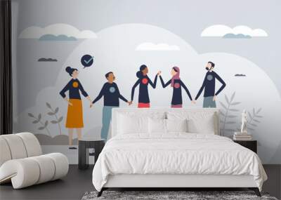 Community crowd with diverse and multicultural group tiny person concept. Social teamwork and partnership for solidarity and cultural bonding vector illustration. Equality and peace for all society. Wall mural