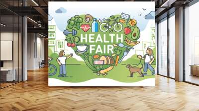 Community health fair as social campaign for body wellness outline concept. Health awareness with dietary eating and sport activities for vitality vector illustration. Exercise for heart welfare. Wall mural