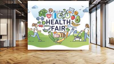 Community health fair for active lifestyle and eating balance outline concept. Social care for diet nutrition and sport exercise significance vector illustration. Body and mental wellness awareness. Wall mural